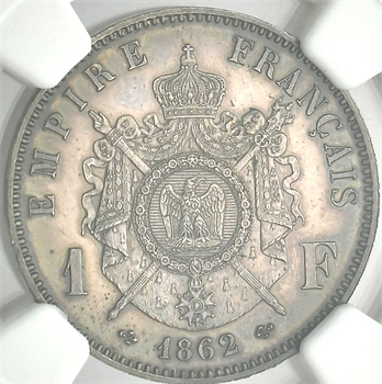 Second Empire, paire d&rsquo;essais unifaces (avers et revers) de 1 franc tête laurée, par Barre (avec E), 1862 Paris, NGC PF63 et PF62