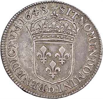 Louis XIII, quart d’écu d’argent à la mèche longue, 3e type (2e poinçon), avec baies, 1643 Lyon (3 points)