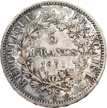 La Commune, 5 francs Camélinat, 1871 Paris date espacée