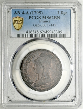 Directoire, 2 décimes Dupré, An 4 Paris, PCGS MS62BN
