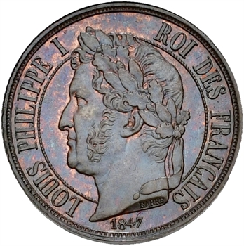 Louis-Philippe Ier, essai de un centime à la charte, 1847 Paris