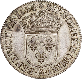 Louis XIV, quart d&rsquo;écu à la mèche courte, 1644 Paris (rose)