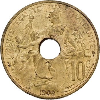 IIIe République, essai de 10 centimes Daniel-Dupuis perforé, en laiton, 1908 Paris