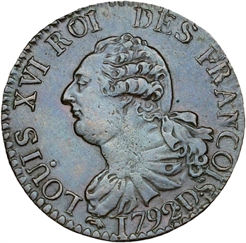 Constitution, 3 deniers FRANÇOIS, An 4, 2d semestre, 1792 Lyon
