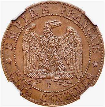 Second Empire, paire d’essais unifaces de 5 centimes tête laurée, 1861 Paris, NGC MS64BN