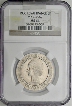 IIIe République, essai de 5 francs par Vézien, 1933 Paris, NGC MS 64