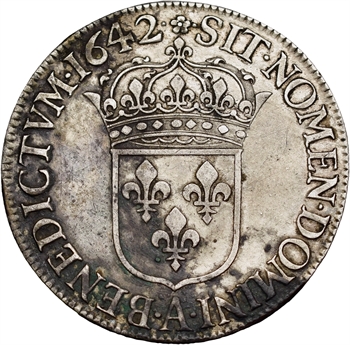 Louis XIII, écu d&rsquo;argent, 2e type (1er poinçon), 1642 Paris (rose)