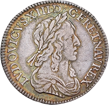 Louis XIII, quart d’écu d’argent à la mèche longue, 3e type (2e poinçon), avec baies, 1643 Lyon (3 points)