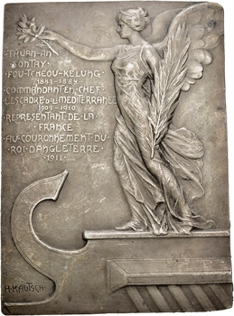 Kautsch (H.) : hommage au vice-amiral Eugène de Fauque de Jonquières, plaque uniface, 1911