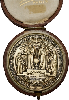 IIIe République, médaille en vermeil du baptême au mariage, par Borrel, 1880-1905 Paris