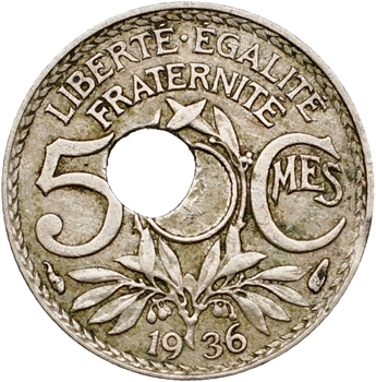IIIe République, 5 centimes Lindauer variété trou décentré, 1936 Paris