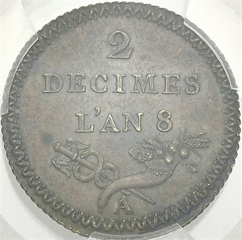 Consulat, essai du 2 décimes de Lorthior, An 8 (1799-1800) Paris PCGS SP63BN