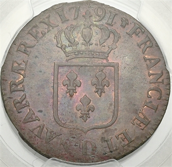 Louis XVI, sol de bronze, 1791, 1er semestre, Lyon PCGS MS64BN