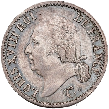 Louis XVIII, 1/4 de franc, 1824 Paris variété axe décalé