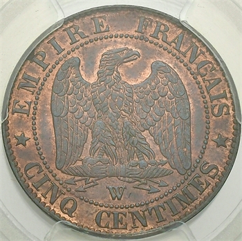 Second Empire, cinq centimes tête nue, 1857 Lille PCGS MS64RB