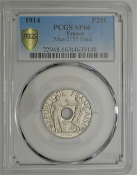 IIIe République, essai de 25 centimes par Delpech, grand module, 1914 Paris PCGS SP66