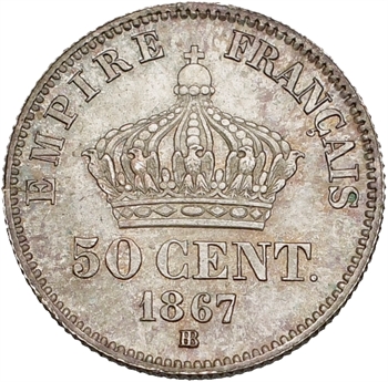 Second Empire, 50 centimes tête laurée, 1867 Strasbourg