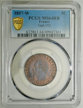 Second Empire, cinq centimes tête nue, 1857 Lille PCGS MS64RB