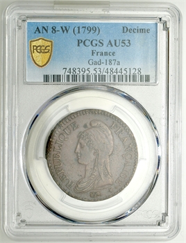 Directoire, un décime Dupré, An 8 Lille, PCGS AU53